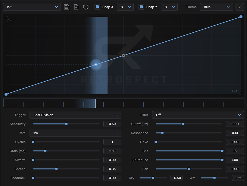The Retrospect plugin interface: the warp curve editor on top, parameters below
